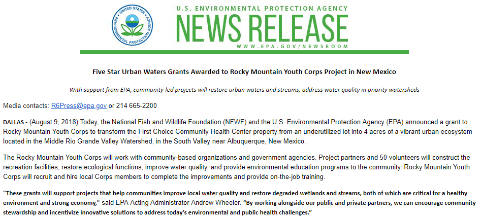 Five Star Urban Waters Grants Awarded to Rocky Mountain Youth Corps Project in New Mexico
