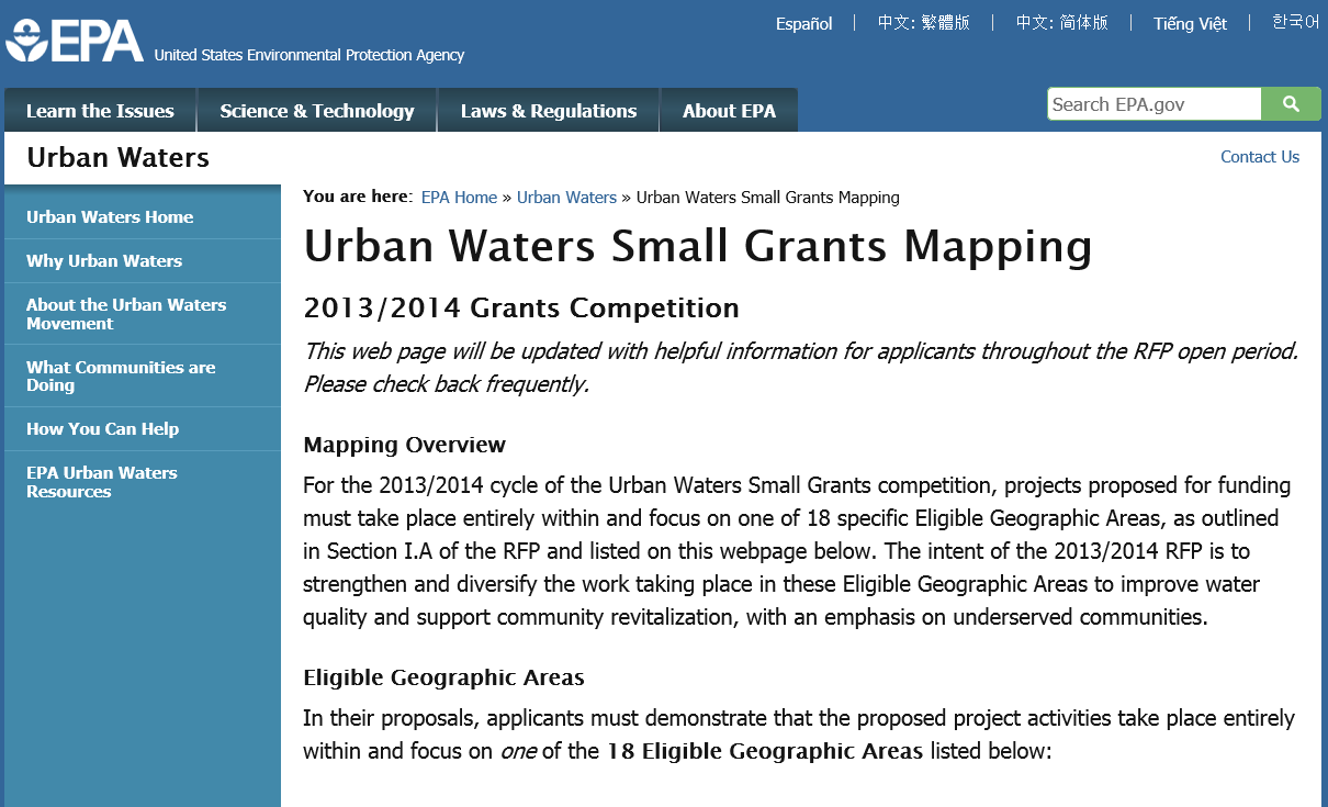 Urban Waters Small Grants Mapping 2013/14